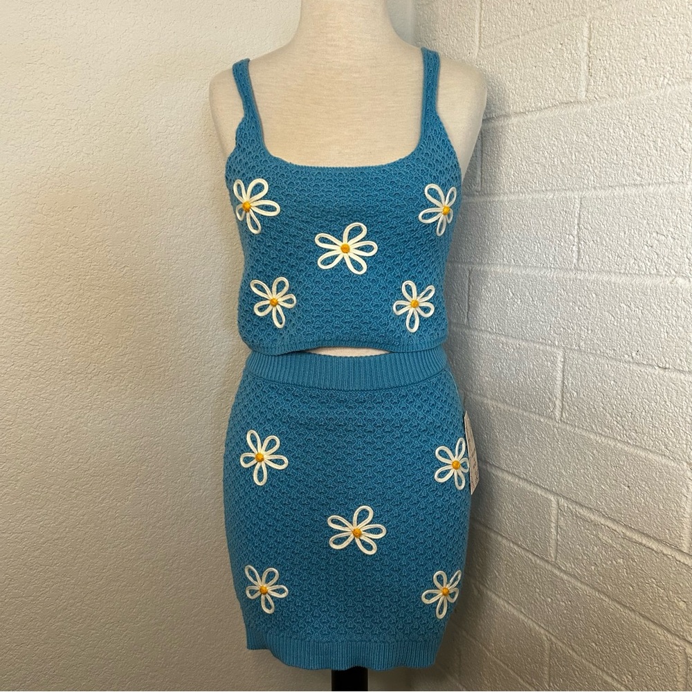 Floral Knit Mini Skirt & Top Two Piece Set Beach Summer Vacation